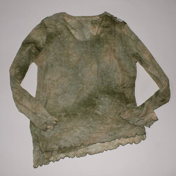 Green Semi Sheer Long Bell Sleeve Top With Lace Neckline And Sequins - Picture 3 of 3